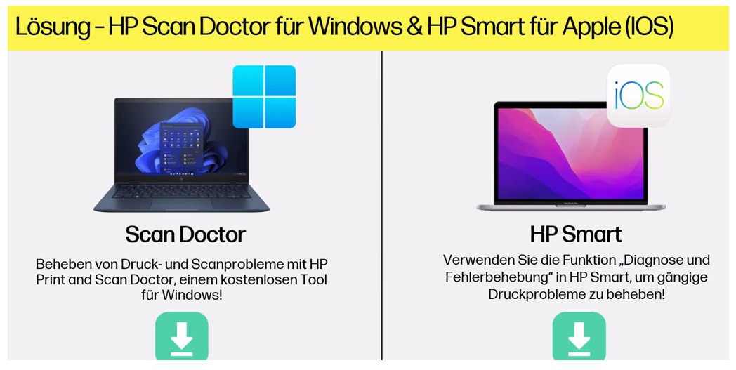 HP Lösungen für den proaktiven Vollwartungsvertrag: HP Scan Doctor für Windows und HP Smart App für Apple (iOS)